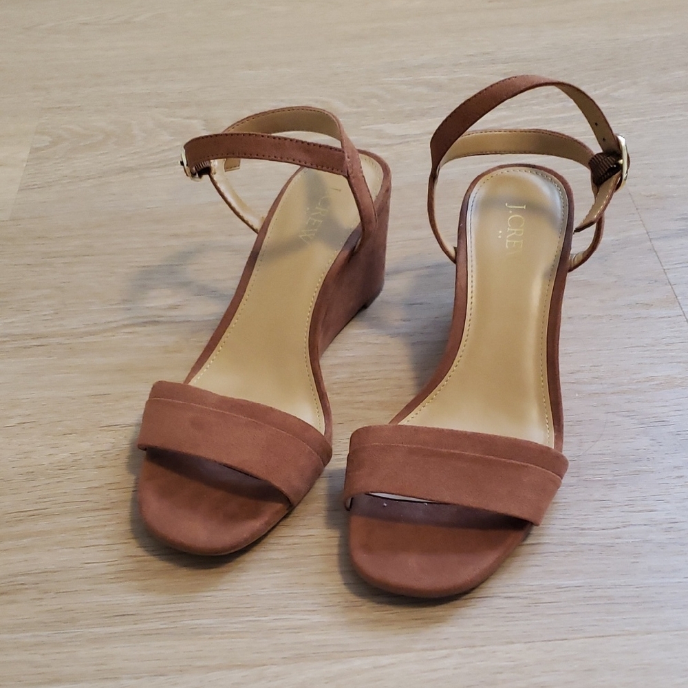 J. Crew Tan Suede Wedge Sandals with Ankle Strap